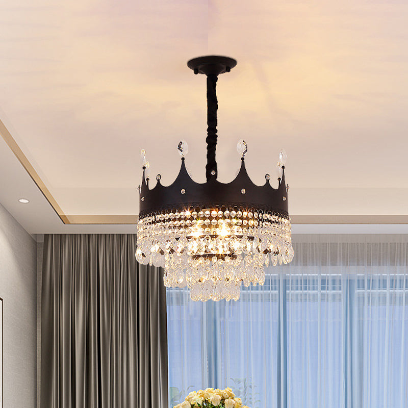 Kids' Black Metal Crown Chandelier Lighting with Crystal Drop Decor - 4/5/6 Lights, Ideal for Dining Table