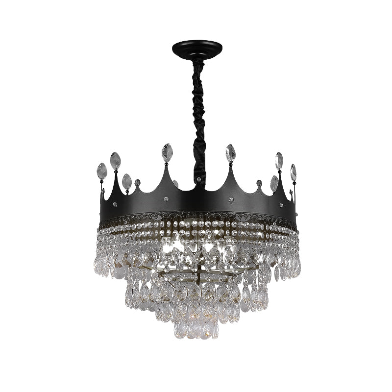 Kids' Black Metal Crown Chandelier Lighting with Crystal Drop Decor - 4/5/6 Lights, Ideal for Dining Table
