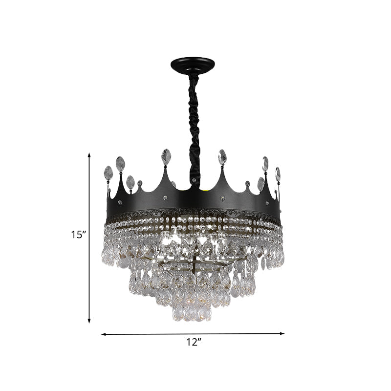 Kids' Black Metal Crown Chandelier Lighting with Crystal Drop Decor - 4/5/6 Lights, Ideal for Dining Table