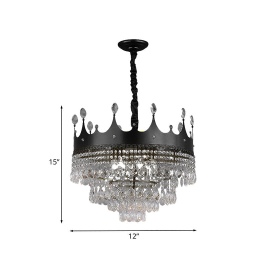 Kids' Black Metal Crown Chandelier Lighting with Crystal Drop Decor - 4/5/6 Lights, Ideal for Dining Table