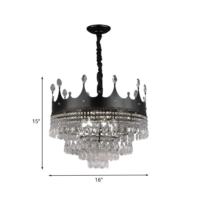 Kids' Black Metal Crown Chandelier Lighting with Crystal Drop Decor - 4/5/6 Lights, Ideal for Dining Table