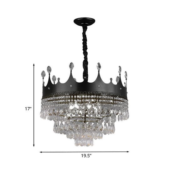 Kids' Black Metal Crown Chandelier Lighting with Crystal Drop Decor - 4/5/6 Lights, Ideal for Dining Table