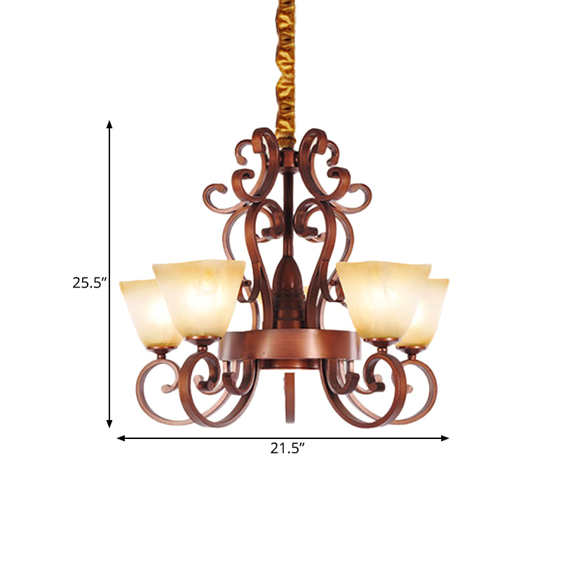 Rustic Beige Glass Chandelier: 6/9-Head Pendant Light in Brass with Swooping Arm