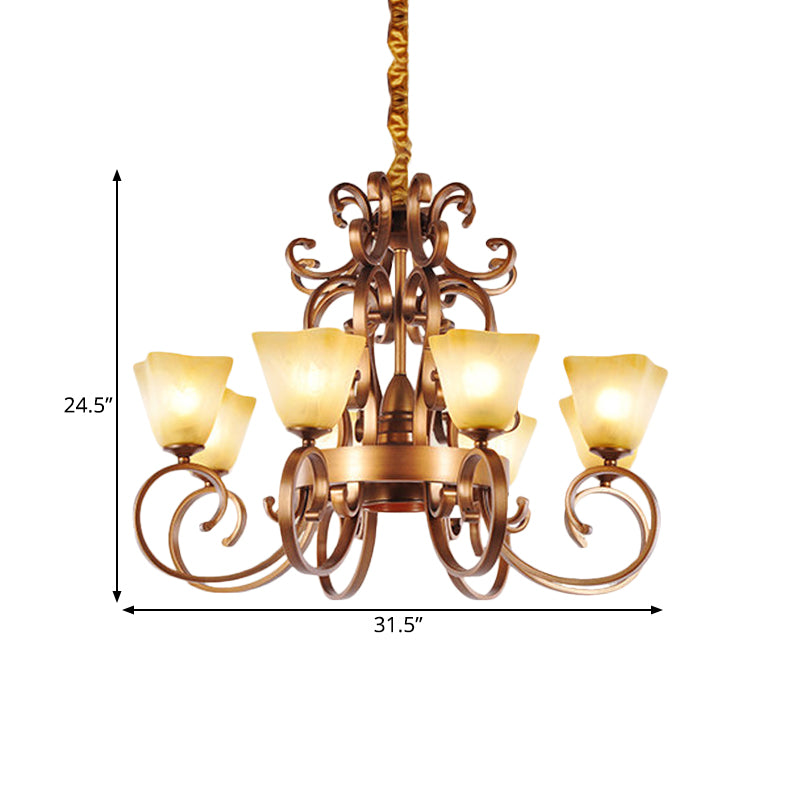 Rustic Beige Glass Chandelier: 6/9-Head Pendant Light in Brass with Swooping Arm