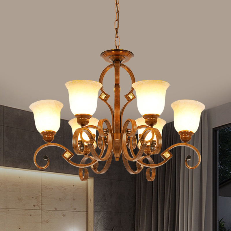 Rustic Metal Chandelier with Curved Arm, 6 Bulbs, Opal Glass Shade, Ideal for Bedroom Ceiling