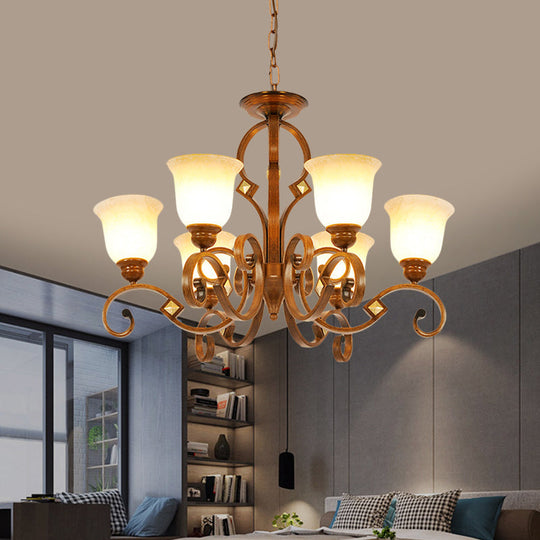 Rustic Metal Chandelier with Curved Arm, 6 Bulbs, Opal Glass Shade, Ideal for Bedroom Ceiling