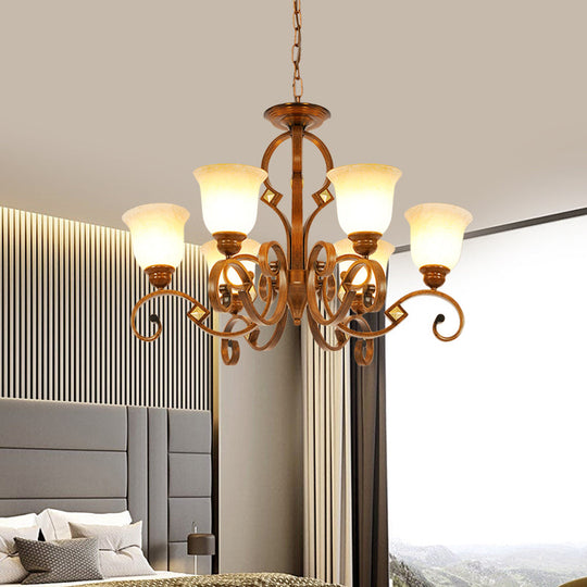 Rustic Metal Chandelier with Curved Arm, 6 Bulbs, Opal Glass Shade, Ideal for Bedroom Ceiling