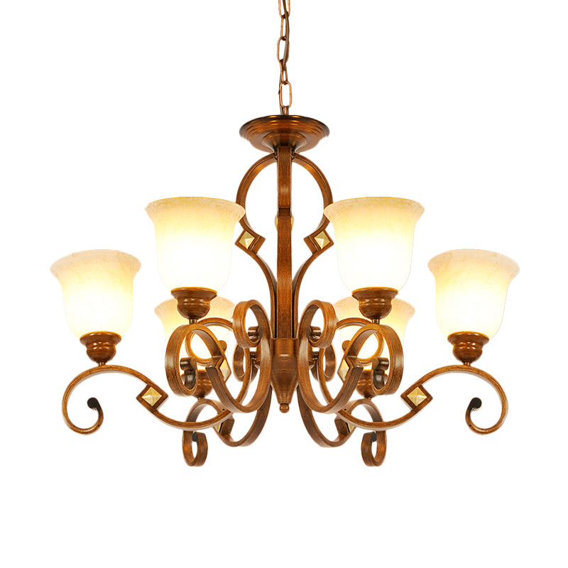 Rustic Metal Chandelier with Curved Arm, 6 Bulbs, Opal Glass Shade, Ideal for Bedroom Ceiling
