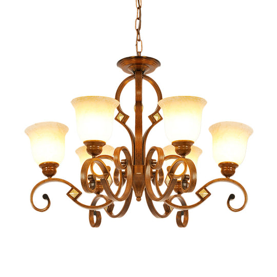 Rustic Metal Chandelier with Curved Arm, 6 Bulbs, Opal Glass Shade, Ideal for Bedroom Ceiling