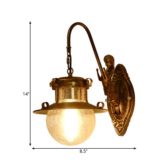 Clear Water Glass Wall Sconce Fixture - Classic 1 Head Dining Room Light with Mermaid Arm in Brass