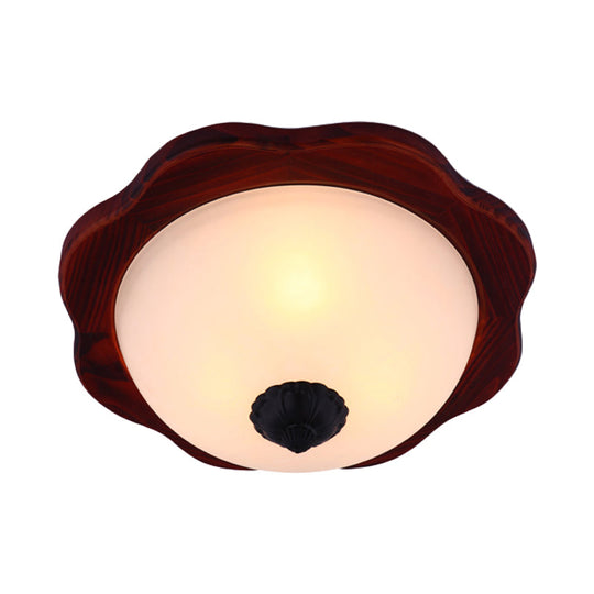 Frosted Glass Brown Flush Light Fixture - 16"/19" W - 3 Heads - Rural Flush Mount Recessed Lighting with Wood Flower Panel