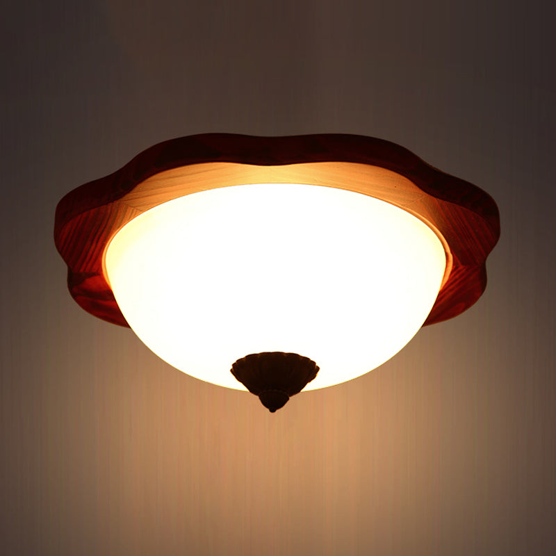 Frosted Glass Brown Flush Light Fixture - 16"/19" W - 3 Heads - Rural Flush Mount Recessed Lighting with Wood Flower Panel