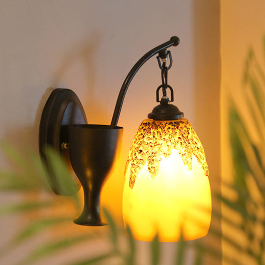 1-Head Wall Hanging Light: Countryside Elongated Dome Sconce in Black with Curved Arm