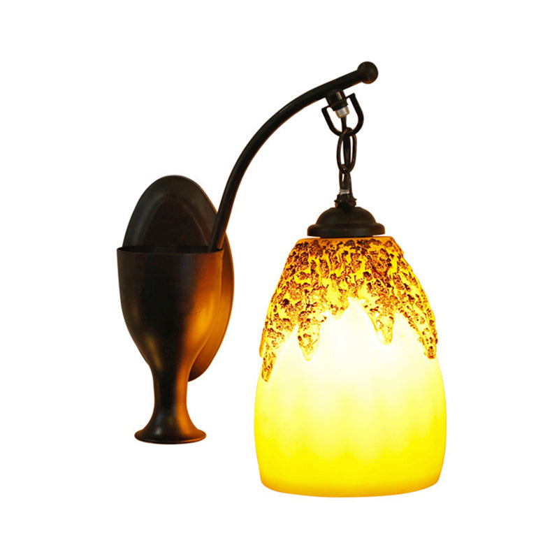 1-Head Wall Hanging Light: Countryside Elongated Dome Sconce in Black with Curved Arm