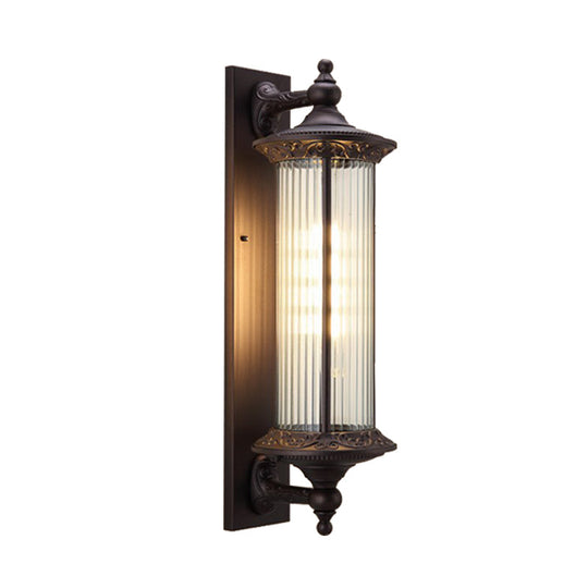 1-Light Country Outdoor Wall Sconce with Clear Ribbed Glass Shade - Dark Coffee