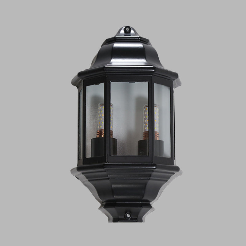 Geometric Black/White Outdoor Corner Wall Sconce with Clear Glass – Mountable Light Fixture for Lodges, 2-Bulb Design