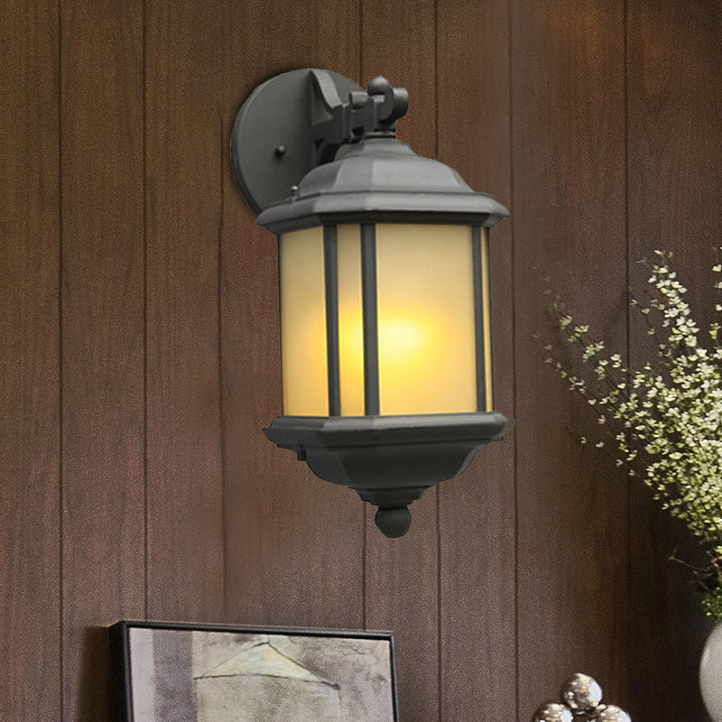 Cuboid Tan Glass Wall Sconce - Country 1-Head Corner Wall Mount Lamp in Black with Removable Bottom