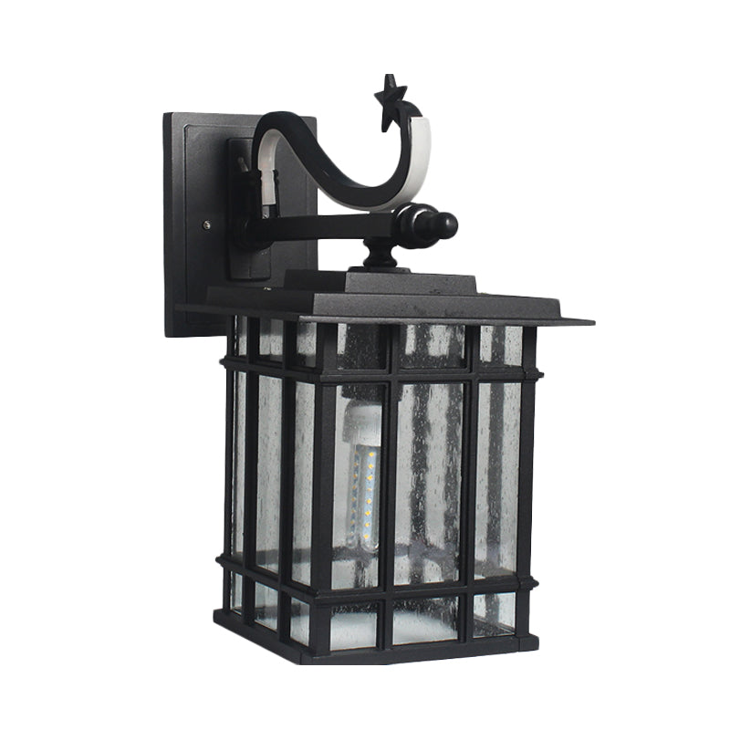 Country Courtyard Sconce Lamp: Wall Lighting Fixture with Seeded Glass Shade in Black