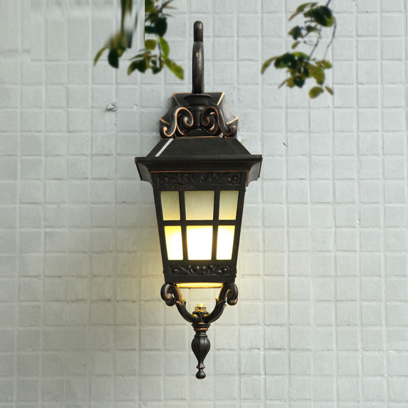 Outdoor Wall Sconce Lamp - 1-Light White Frosted Glass, Black Finish, Tower Design
