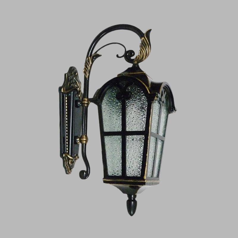 Farmhouse Wall Sconce: 1-Light Curving Arm Metallic Lamp in Black with Water Glass Shade