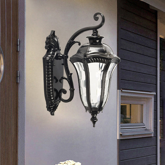 Outdoor Farmhouse Wall Lamp - Black Finish Urn Sconce with Clear Dimpled Glass