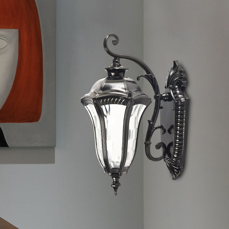 Outdoor Farmhouse Wall Lamp - Black Finish Urn Sconce with Clear Dimpled Glass
