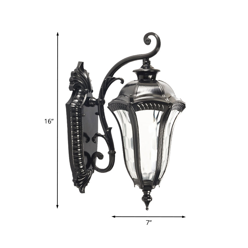 Outdoor Farmhouse Wall Lamp - Black Finish Urn Sconce with Clear Dimpled Glass