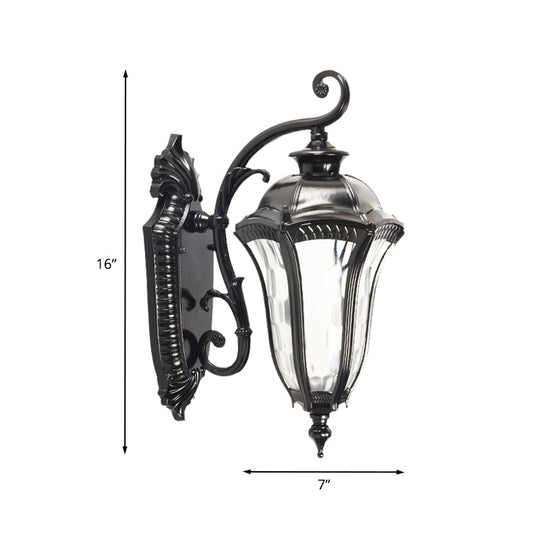 Outdoor Farmhouse Wall Lamp - Black Finish Urn Sconce with Clear Dimpled Glass