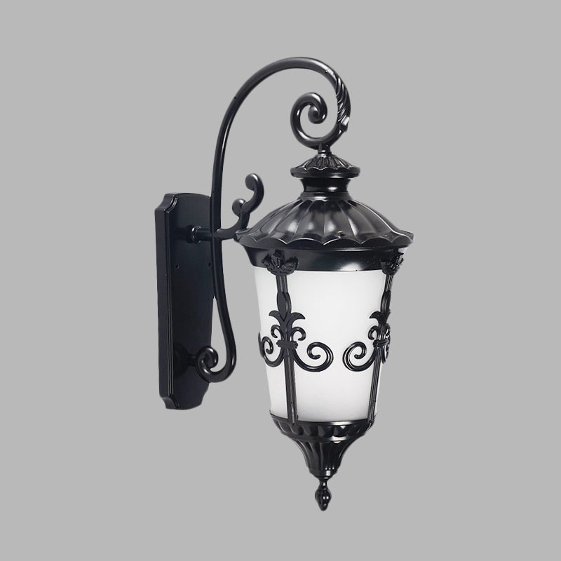 Farmhouse Black Wall Mounted Lamp with White Frosted Glass Urn Sconce - 1 Light Balcony Sconce