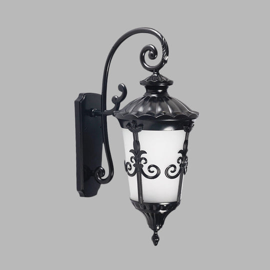 Farmhouse Black Wall Mounted Lamp with White Frosted Glass Urn Sconce - 1 Light Balcony Sconce