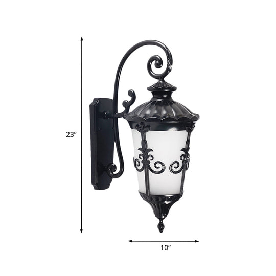 Farmhouse Black Wall Mounted Lamp with White Frosted Glass Urn Sconce - 1 Light Balcony Sconce