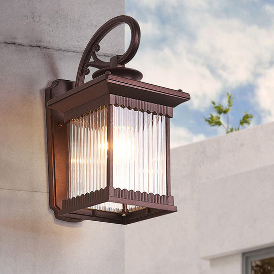 Clear Ribbed Glass Wall Light, Rustic Black Finish, Outdoor Cuboid Sconce Lamp