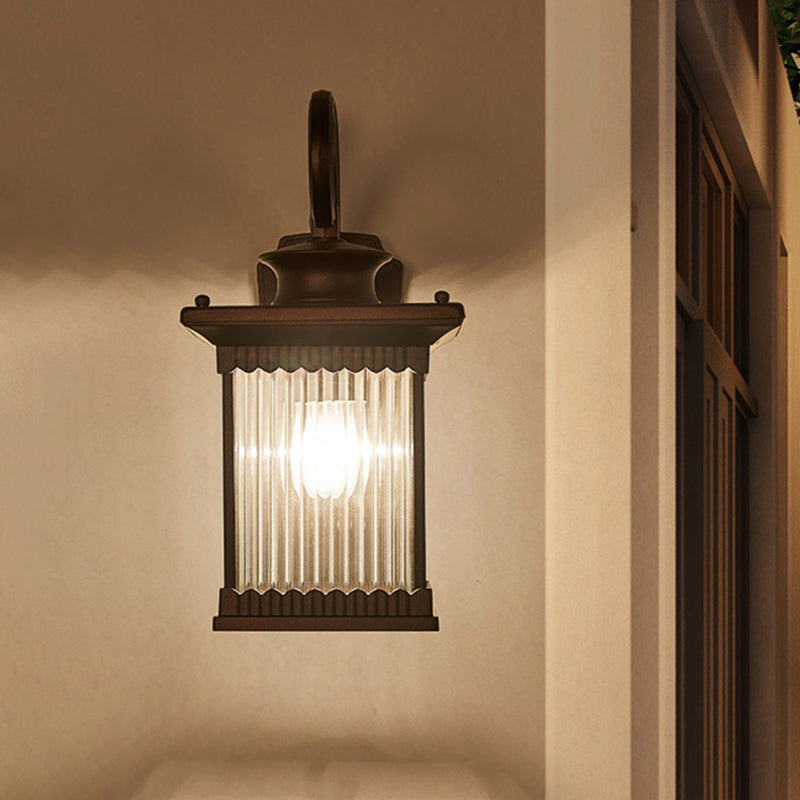 Clear Ribbed Glass Wall Light, Rustic Black Finish, Outdoor Cuboid Sconce Lamp