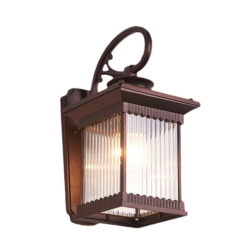 Clear Ribbed Glass Wall Light, Rustic Black Finish, Outdoor Cuboid Sconce Lamp