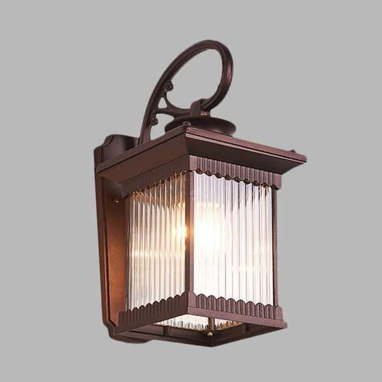 Clear Ribbed Glass Wall Light, Rustic Black Finish, Outdoor Cuboid Sconce Lamp