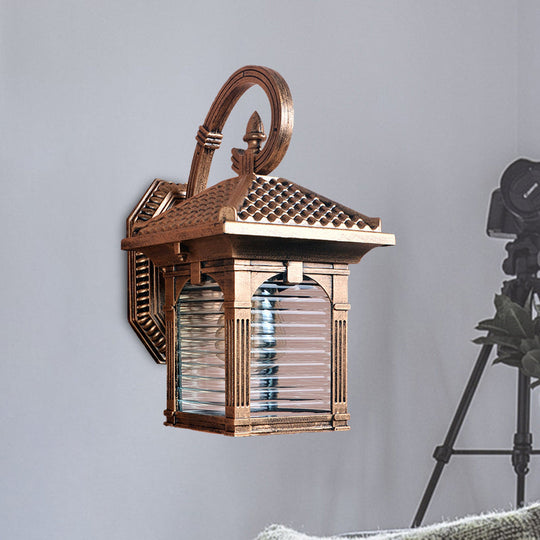 Farmhouse Brass Wall Light with Clear Ribbed Glass - Arch Courtyard Design - 1 Light Fixture