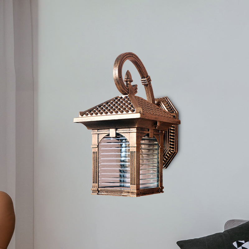 Farmhouse Brass Wall Light with Clear Ribbed Glass - Arch Courtyard Design - 1 Light Fixture