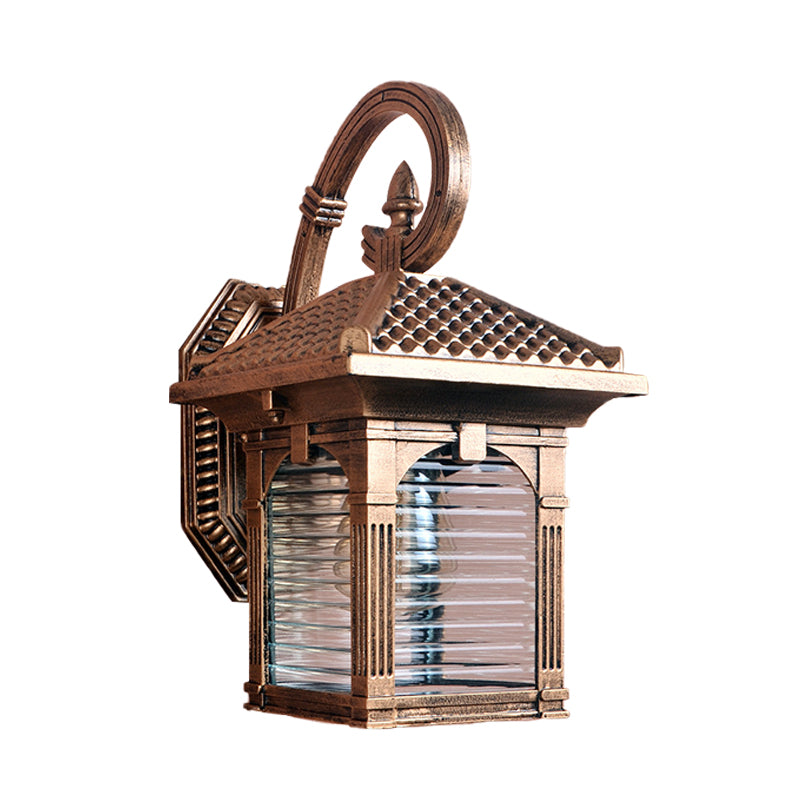 Farmhouse Brass Wall Light with Clear Ribbed Glass - Arch Courtyard Design - 1 Light Fixture