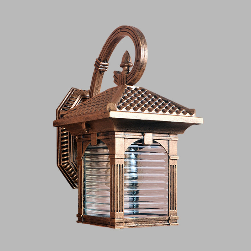 Farmhouse Brass Wall Light with Clear Ribbed Glass - Arch Courtyard Design - 1 Light Fixture