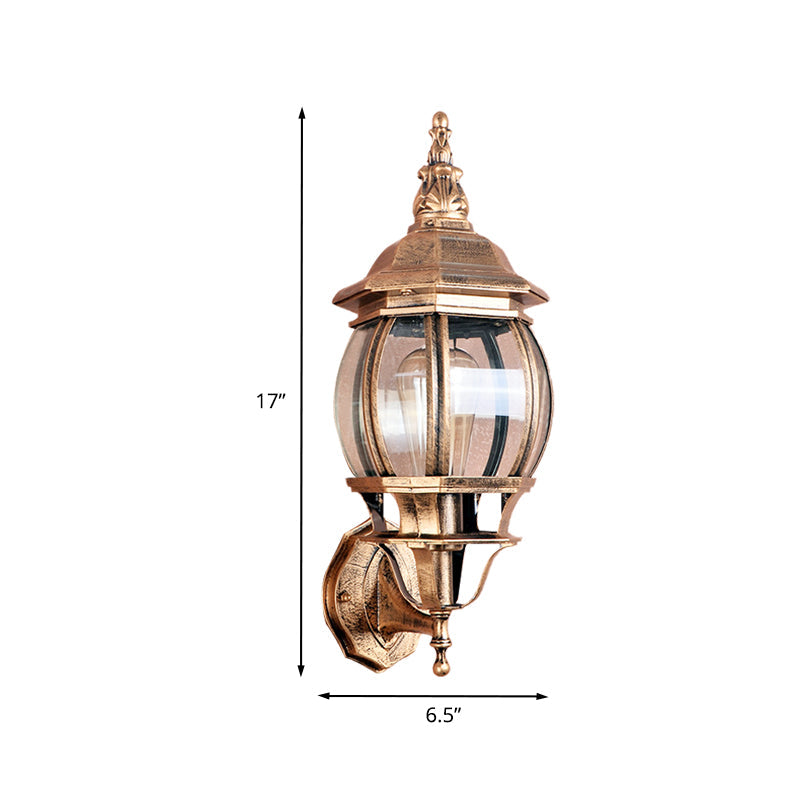Country Outdoor Wall Light with Clear Glass Shade in Brass - 1 Bulb Fixture