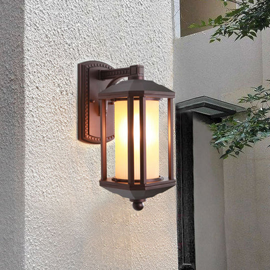 Country Dark Coffee Cylinder Wall Light Sconce with Frosted Glass - Outdoor Wall Lighting Idea