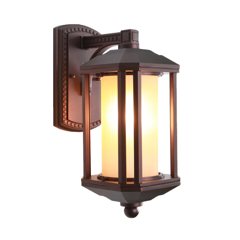 Country Dark Coffee Cylinder Wall Light Sconce with Frosted Glass - Outdoor Wall Lighting Idea