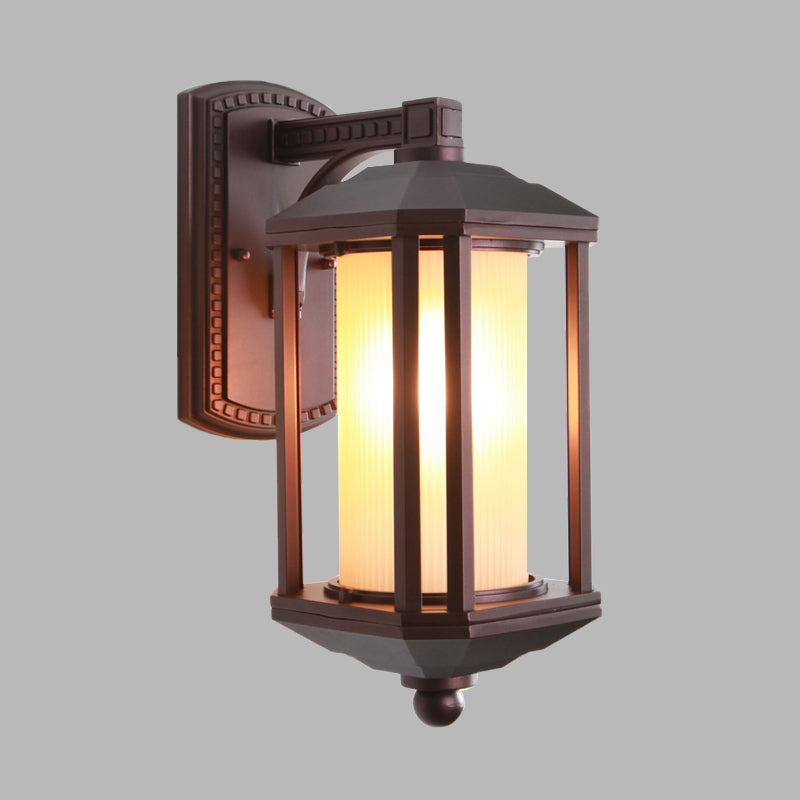 Country Dark Coffee Cylinder Wall Light Sconce with Frosted Glass - Outdoor Wall Lighting Idea