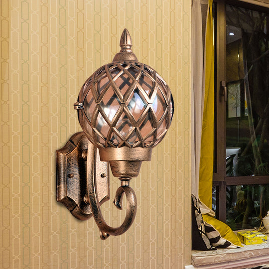 Brass Outdoor Wall Mount Lamp with Clear Glass Globe, Cage, and 1-Bulb Sconce Lighting