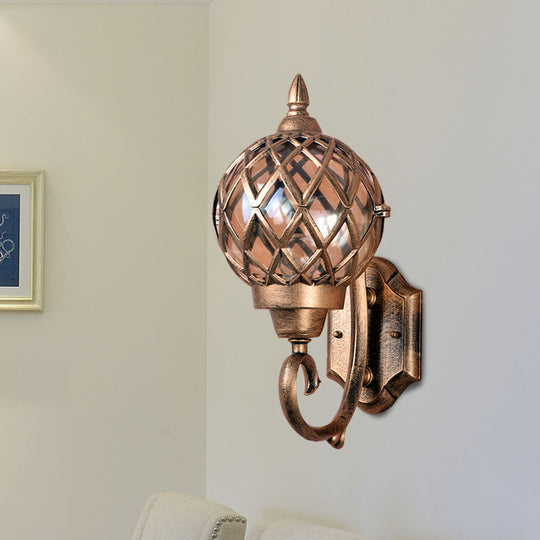 Brass Outdoor Wall Mount Lamp with Clear Glass Globe, Cage, and 1-Bulb Sconce Lighting