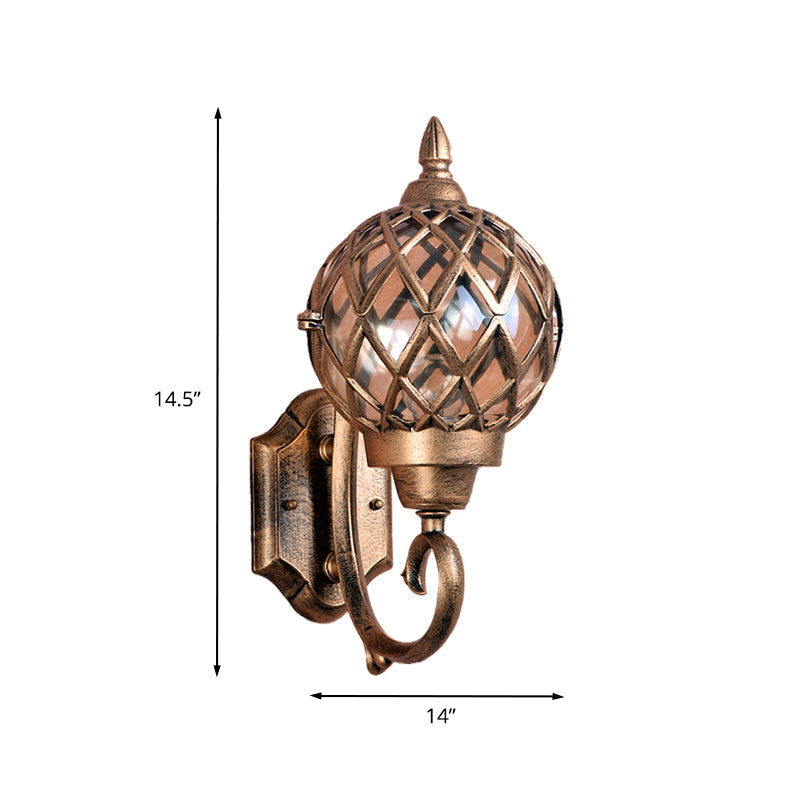 Brass Outdoor Wall Mount Lamp with Clear Glass Globe, Cage, and 1-Bulb Sconce Lighting