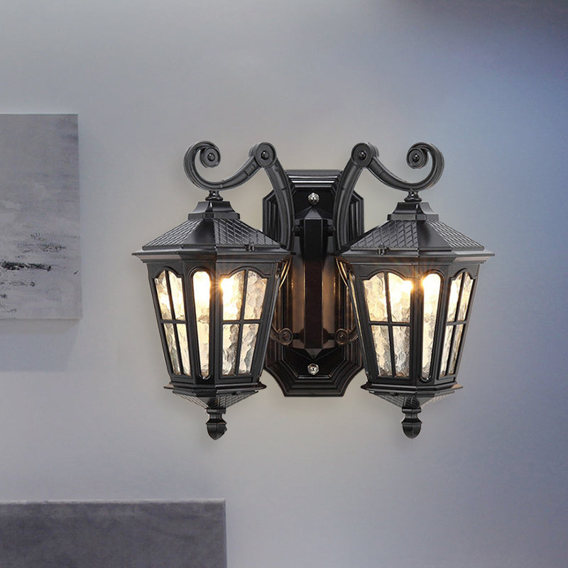 Geometric Outdoor Wall Light with Water Glass and Double Swirl Arm in Black Finish