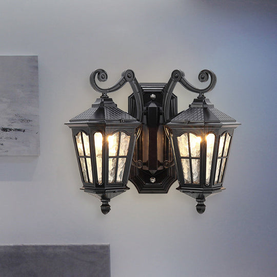 Geometric Outdoor Wall Light with Water Glass and Double Swirl Arm in Black Finish