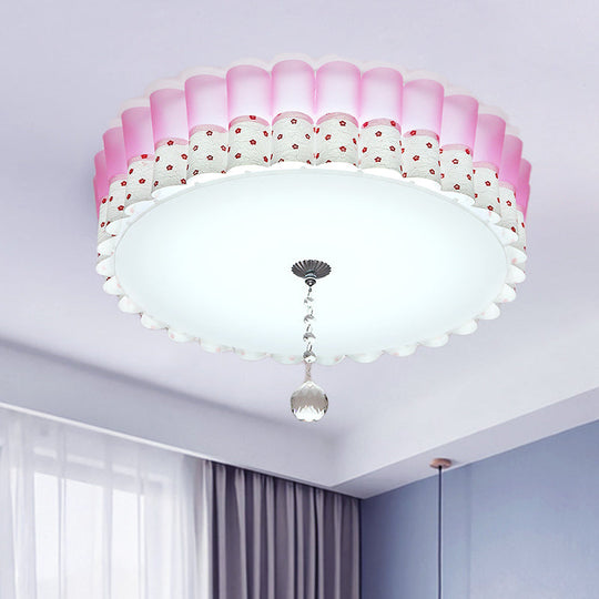 Pink Drum Flush Mount Ceiling Light with Acrylic LED, Wavy Trim, and Crystal Ball - Pastoral Bedroom Lighting