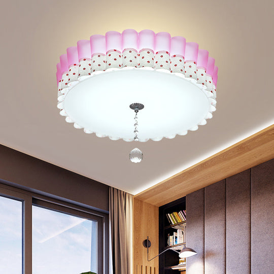 Pink Drum Flush Mount Ceiling Light with Acrylic LED, Wavy Trim, and Crystal Ball - Pastoral Bedroom Lighting